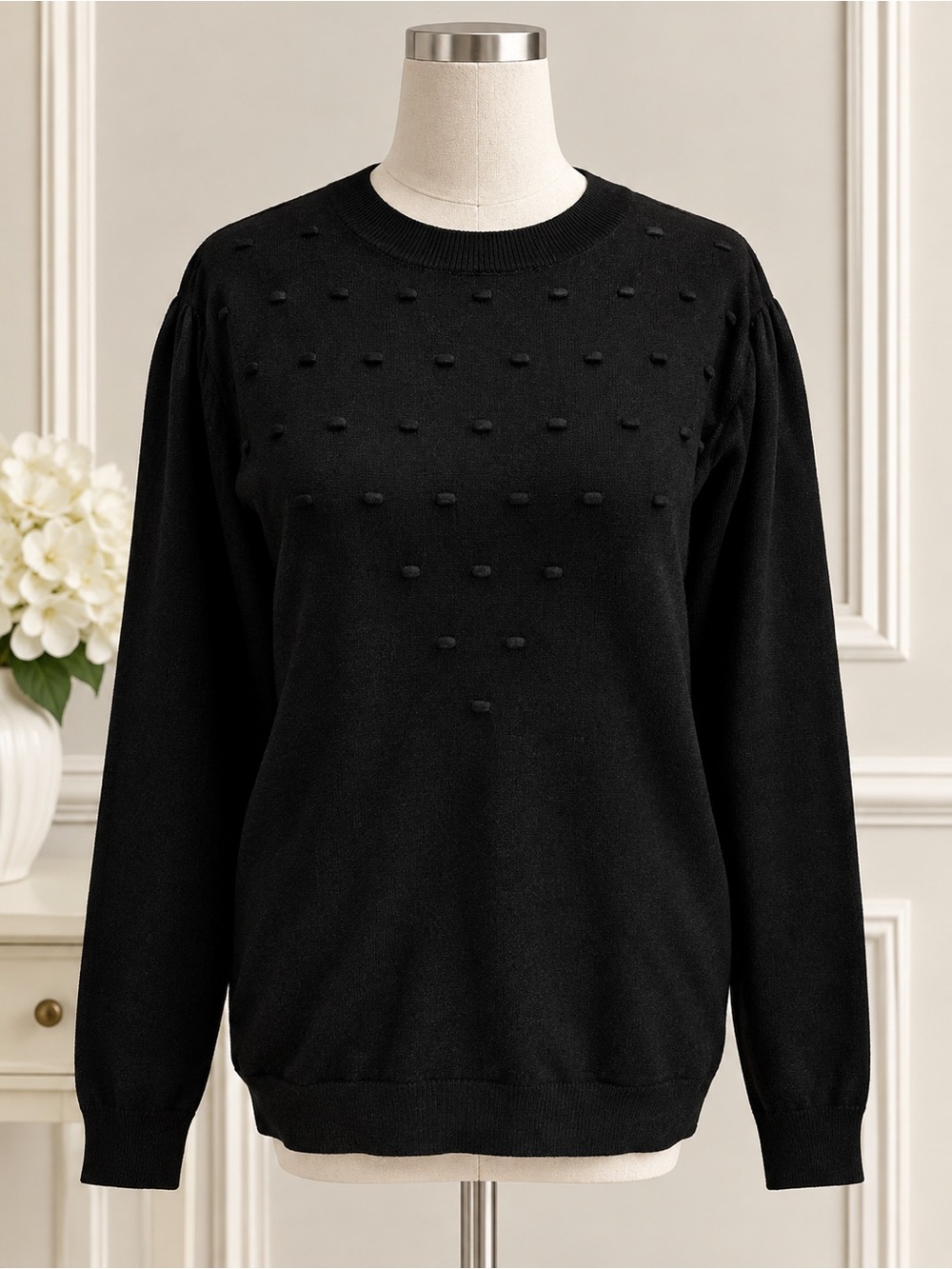 Women's Black Pom-Dot Crewneck Sweater